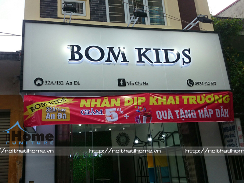 Thi công biển quảng cáo shop quân áo trẻ em bom kids